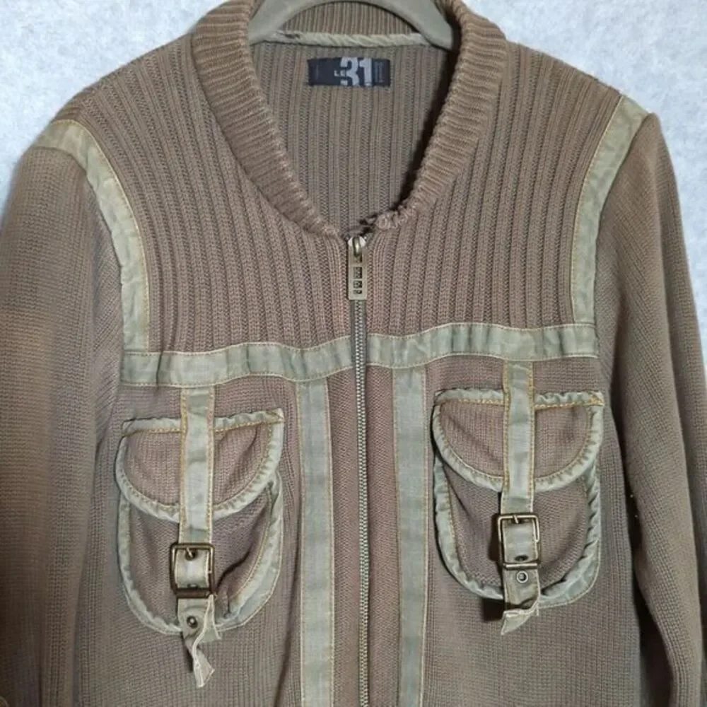 Military Sweater Cardigan Full Zip Large Elbow Patches‎ Epaulet Green 31 Simons